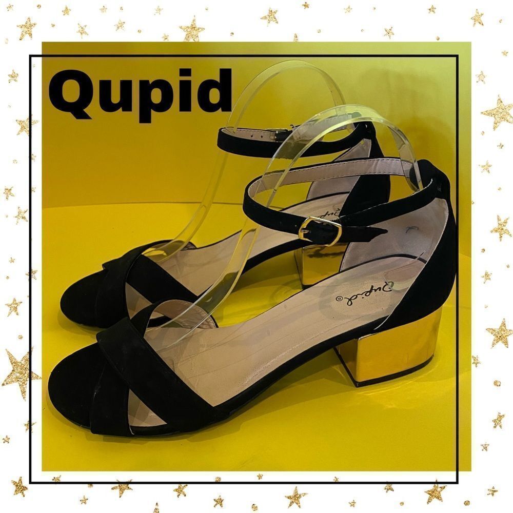 Qupid Women's Black Gold Suede Ankle Strap Sandals 9